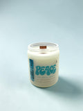 Ohm and Ember Candles PEACE candle with jasmine and rose scent, coconut apricot wax, wooden wick.